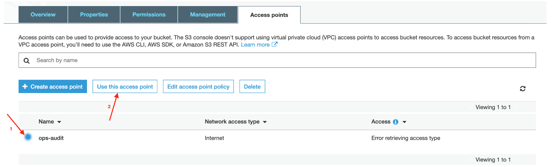 Switch to the Access Points tab and select the S3 Access Point previously created (‘ops-audit’ from step 1). Click Use this access point.