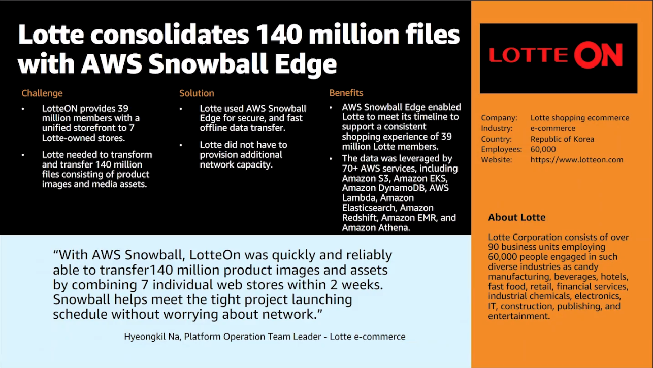 Lotte consolidated 140 million files with AWS Snowball Edge