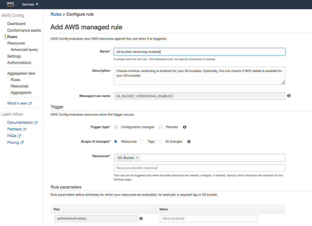 on the Add AWS managed rule page fill in a name, description, and the appropriate trigger