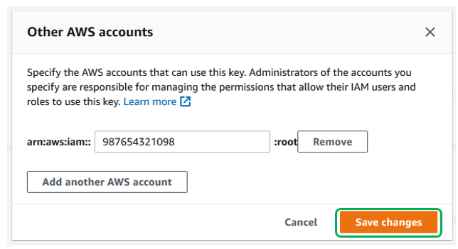 Enter all Account IDs that you want to share the CMK with. Choose Save changes when done.