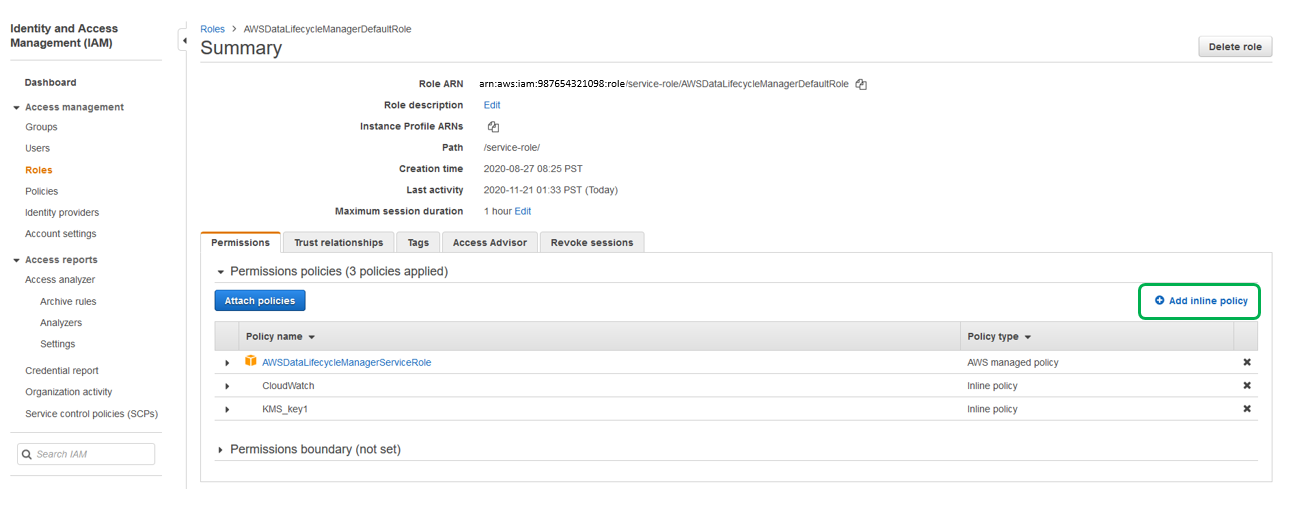 In the AWS IAM console page of the IAM role you have selected (from Step 4), click on Add inline policy.