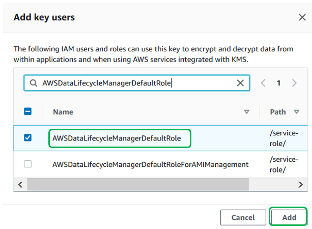 In the Add key users screen, select the IAM role from step 1 (in our example, we are using AWSDataLifecycleManagerDefaultRole).
