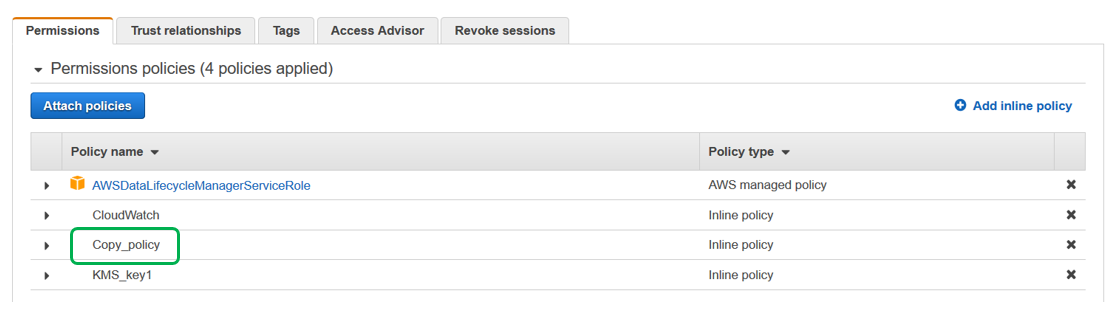 Once you have verified that the IAM policy appears correctly under Permission policies, you may close this window and return to the Amazon DLM policy page.