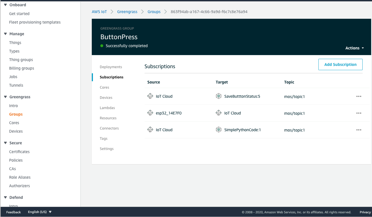 After saving your configuration, you can see all the subscriptions you configured for the AWS IoT Greengrass group called ButtonPress.