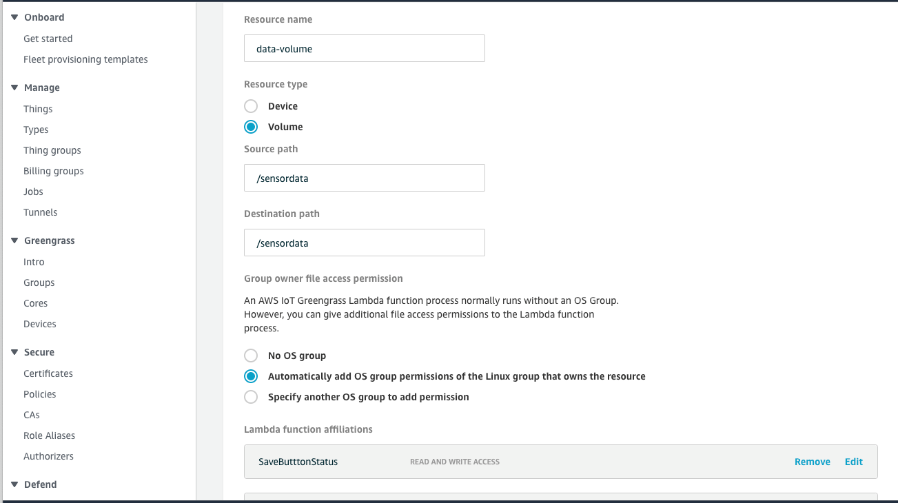 By default, Lambda functions have read-only access to the disk. To configure access, click on Groups, and then Resources.