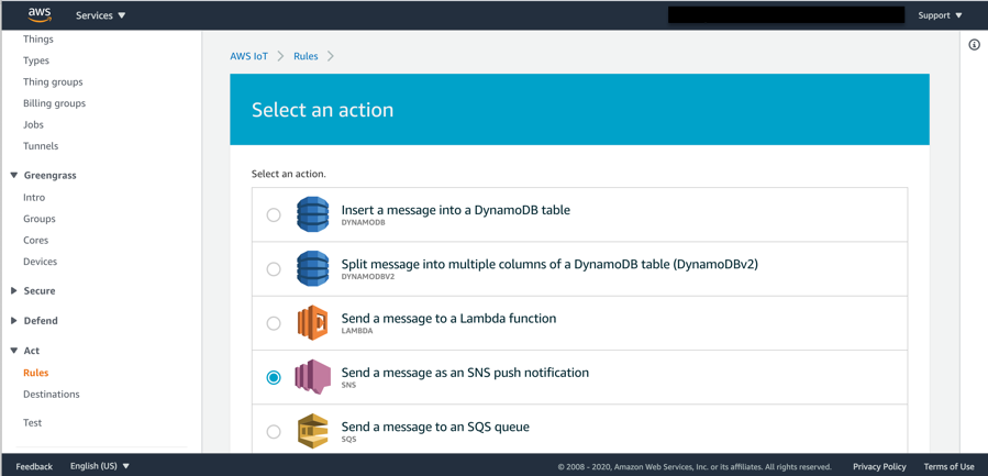 Click on Actions, where you are able to select from a number of different actions, select send an Amazon SNS message, radio button.