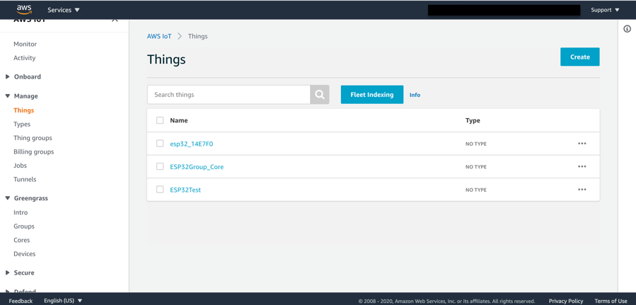 Click on Things on the left navigation pane. In the resulting listing, you will see your IoT sensor button listed as exp32_some-suffix.