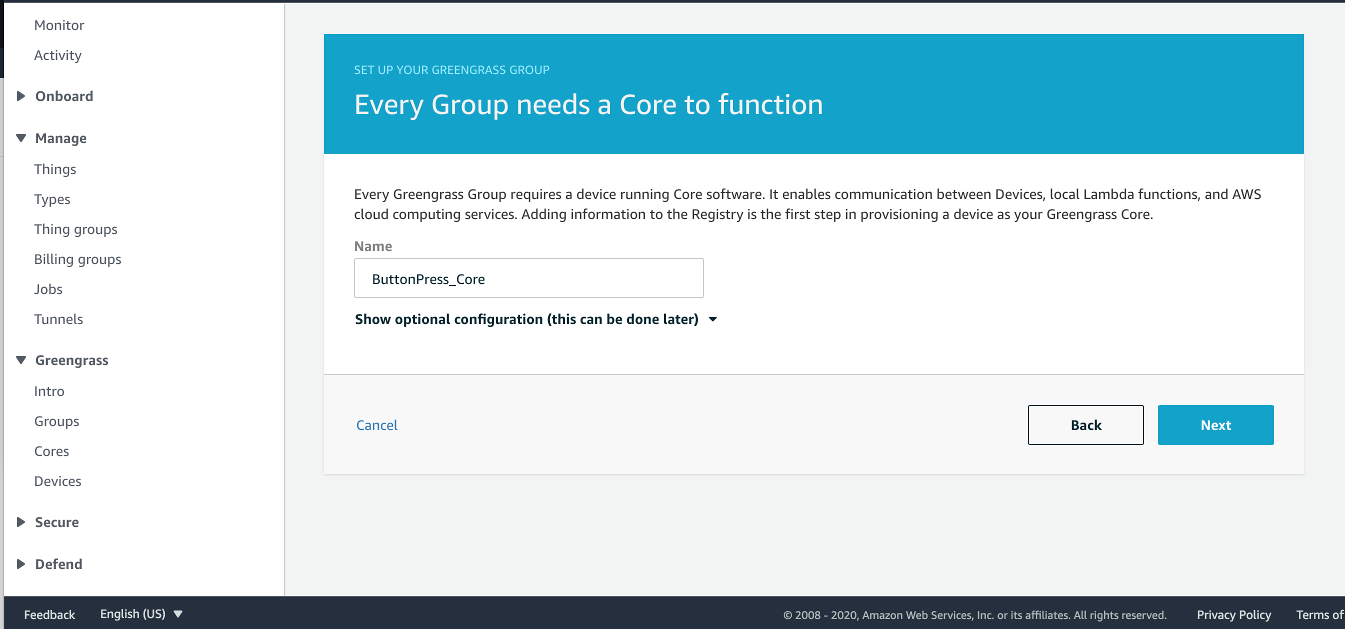 Create a Greengrass Core.