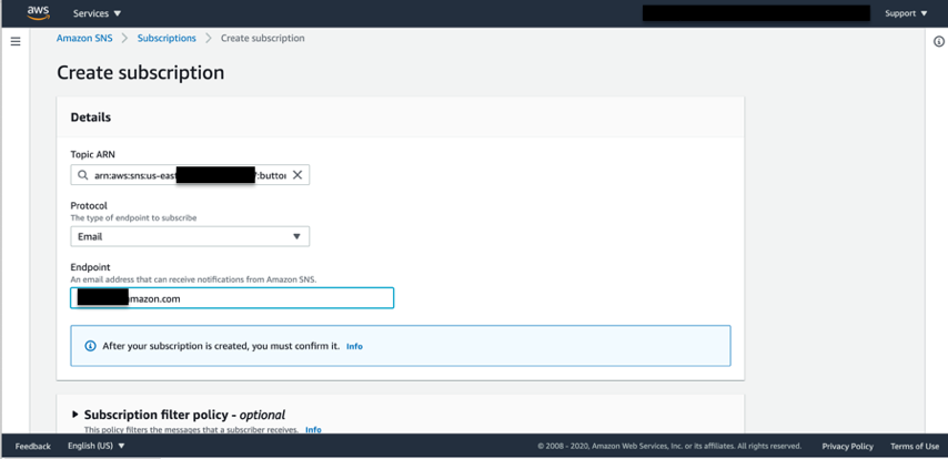 From the AWS Management Console, select Amazon SNS. Next, select the topic, and add a subscription with an email ID.