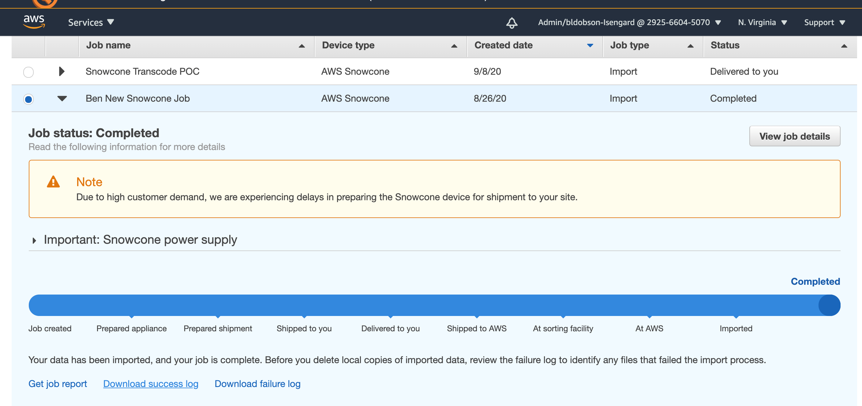 I select my job and click Download success log to see that files were loaded successfully into S3.