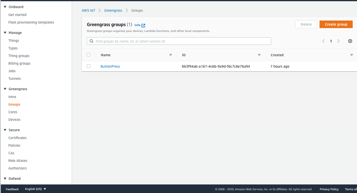 In the AWS Lambda console, select AWS IoT, click on AWS IoT Greengrass, and then Groups.