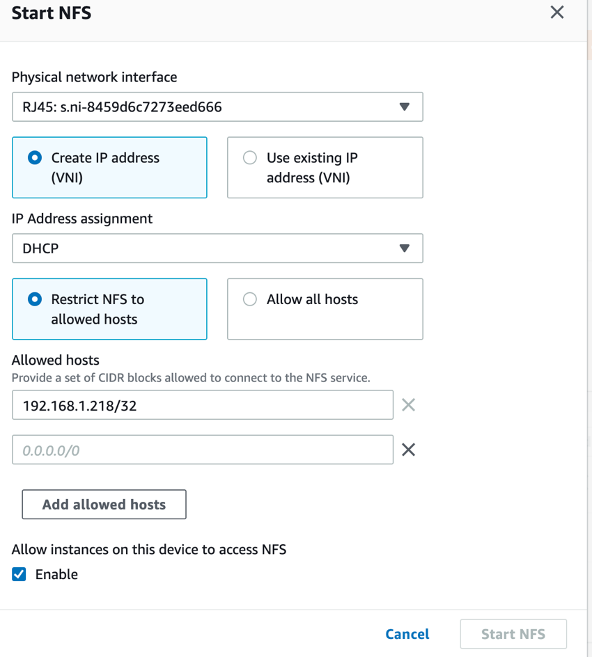 In the Start NFS panel, I leave the options as default, and click Start NFS.