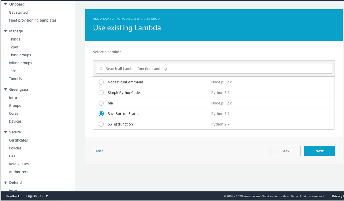 In the left navigation pane, click on Lambdas, then Add Lambdas, and add your AWS Lambda function to the AWS IoT Core.