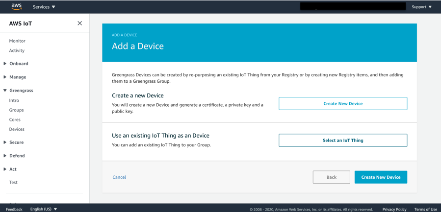 Log in to your AWS Management Console, and add the IoT device (ESP32 sensor). Click on the Select an IoT Thing button