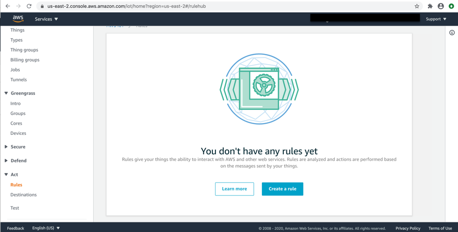 On the AWS IoT console, in the left navigation pane, click on Rules under the Act section