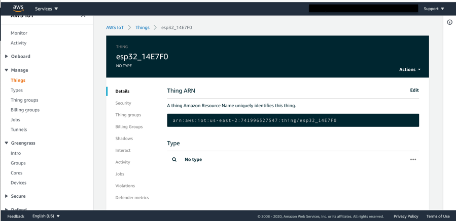 Select your device, and you see the details including the Amazon Resource Name (ARN)
