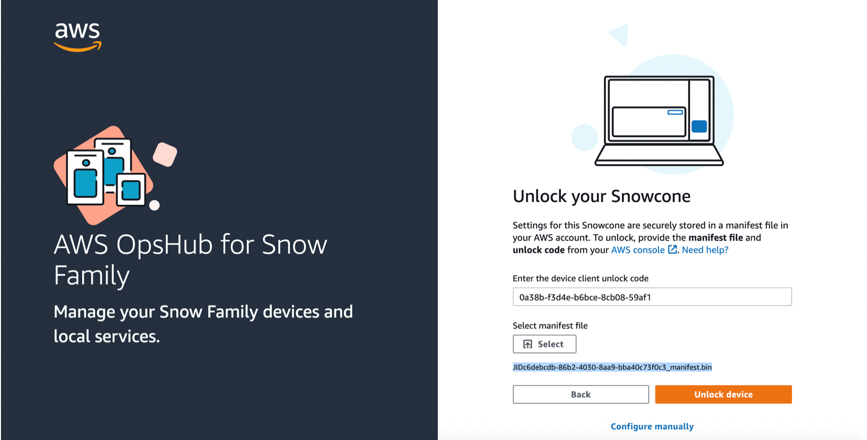 To unlock the Snowcone I open AWS OpsHub for Snow Family on my laptop, and choose the Snowcone option.