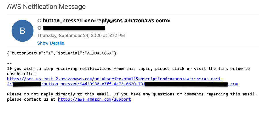Press the button; you will receive an email notification with the event details as shown in the following screenshot.