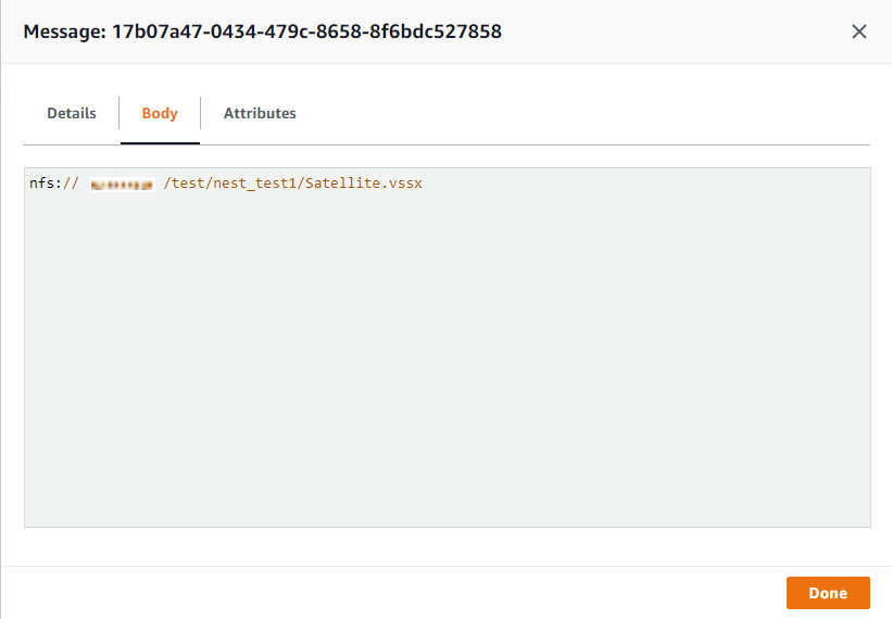 The body tab of a returned message contains the source path of the synced file in the body of the message