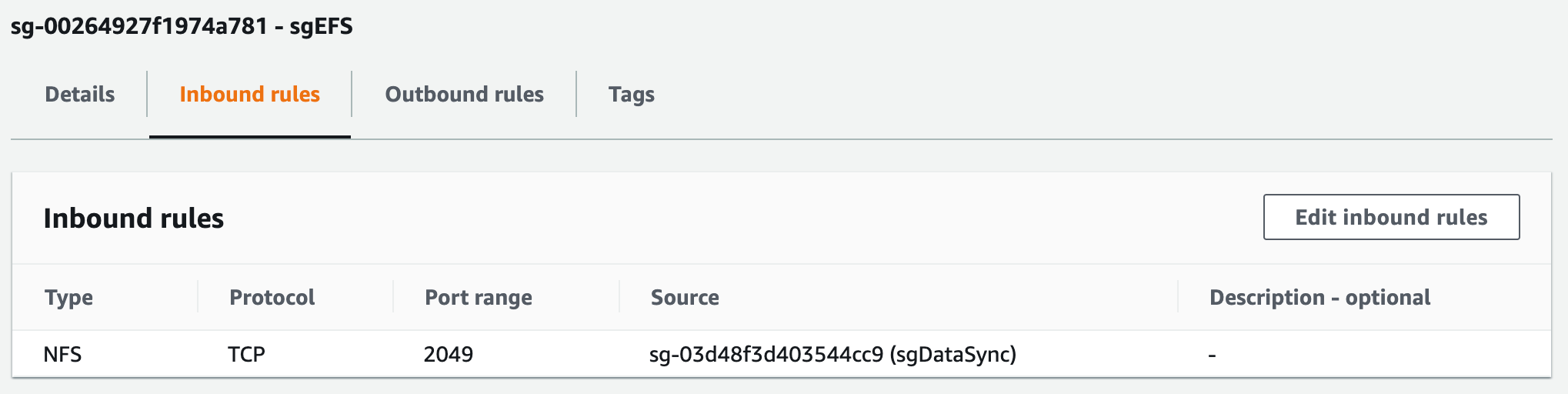 Figure 2 - Configure Inbound rules on sgEFS security group