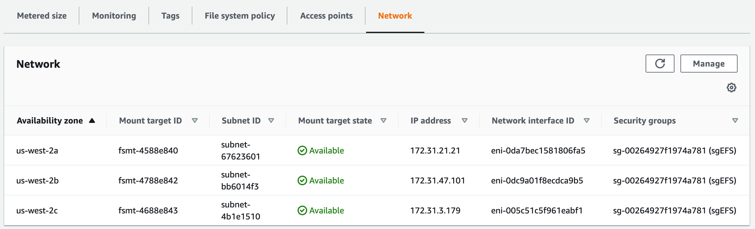 In the EFS console, a file system with a mount target that has a security group attached to it