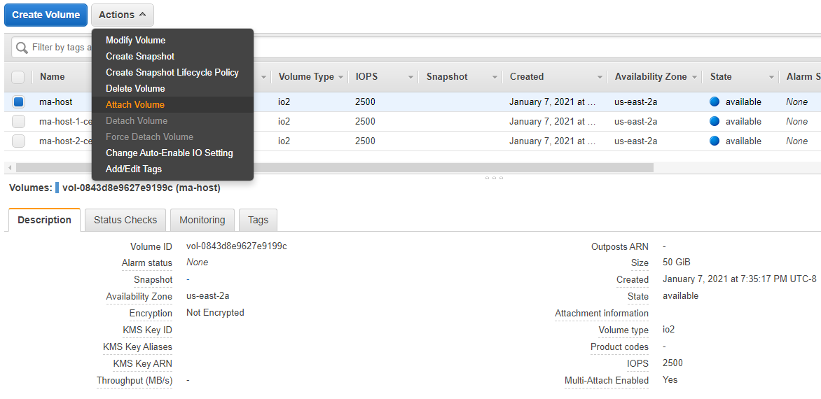 Figure 3 - Attaching the EBS volume