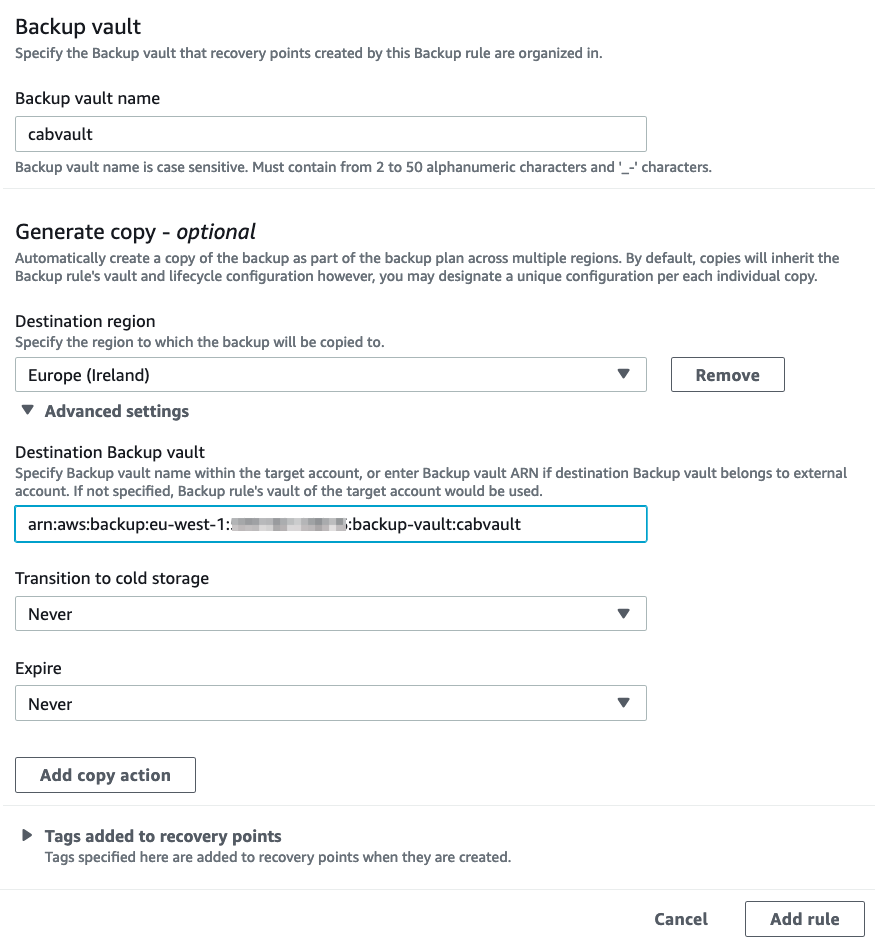 Advanced settings for your backup vault