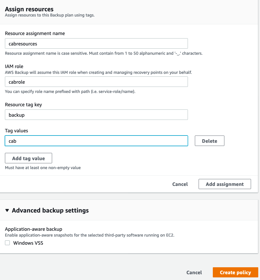 Assign resources to this Backup plan using tags.