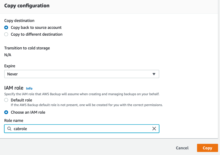 Copy configuration section of the AWS Backup console