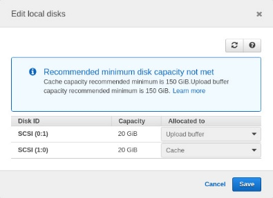 From the Actions drop-down, click on Edit local disks and allocate one to Upload Buffer and the other to Cache, followed by Save.