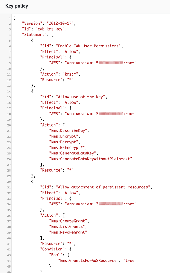 In the Key policy section, verify your AWS account ID for SourceAccount and DestinationAccount.