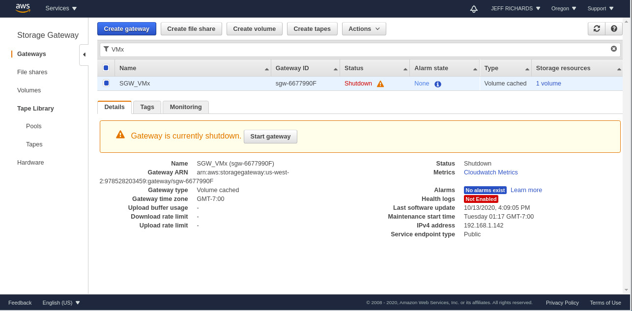 Once activation is complete, the Status of the AWS Storage Gateway service in the AWS Management Console switches from Offline to Shutdown.