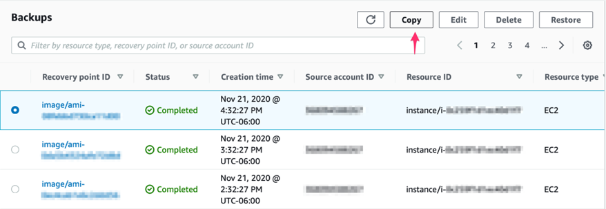 Select Backup vaults in the left navigation pane. Choose cabvault. Select one of the backups in the Backups section, choose Copy.