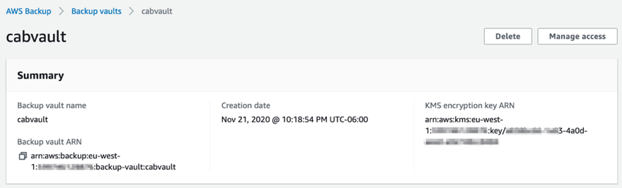 Select cabvault, verify that the backup vault is protected with an AWS KMS customer master key (CMK).