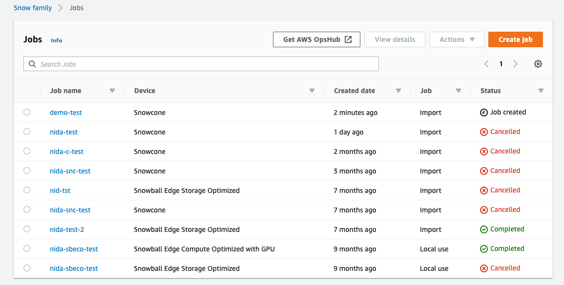 AWS Snow Family jobs with filtering options