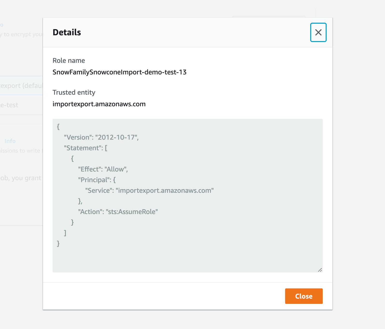 After you click Create service role, details of the default IAM role created pop up for you to view.