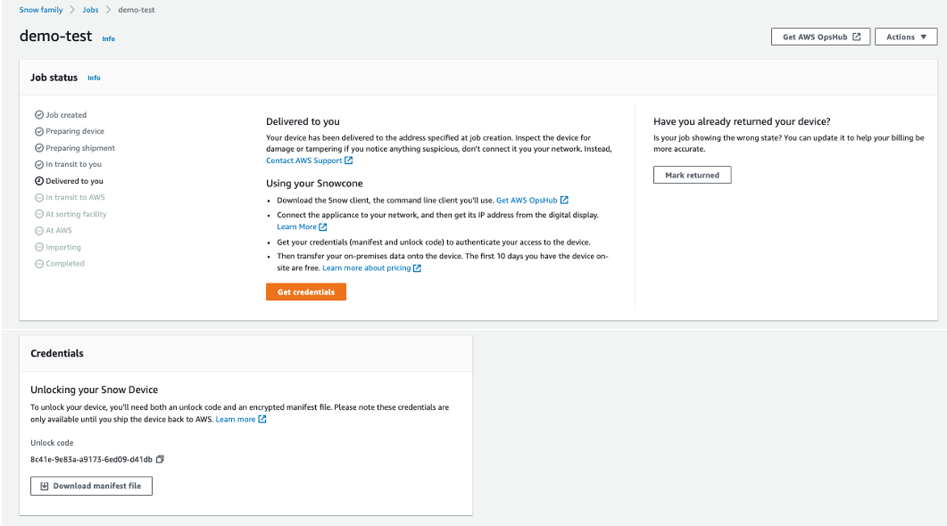 Credentials are revealed in the console after the device has been delivered to you