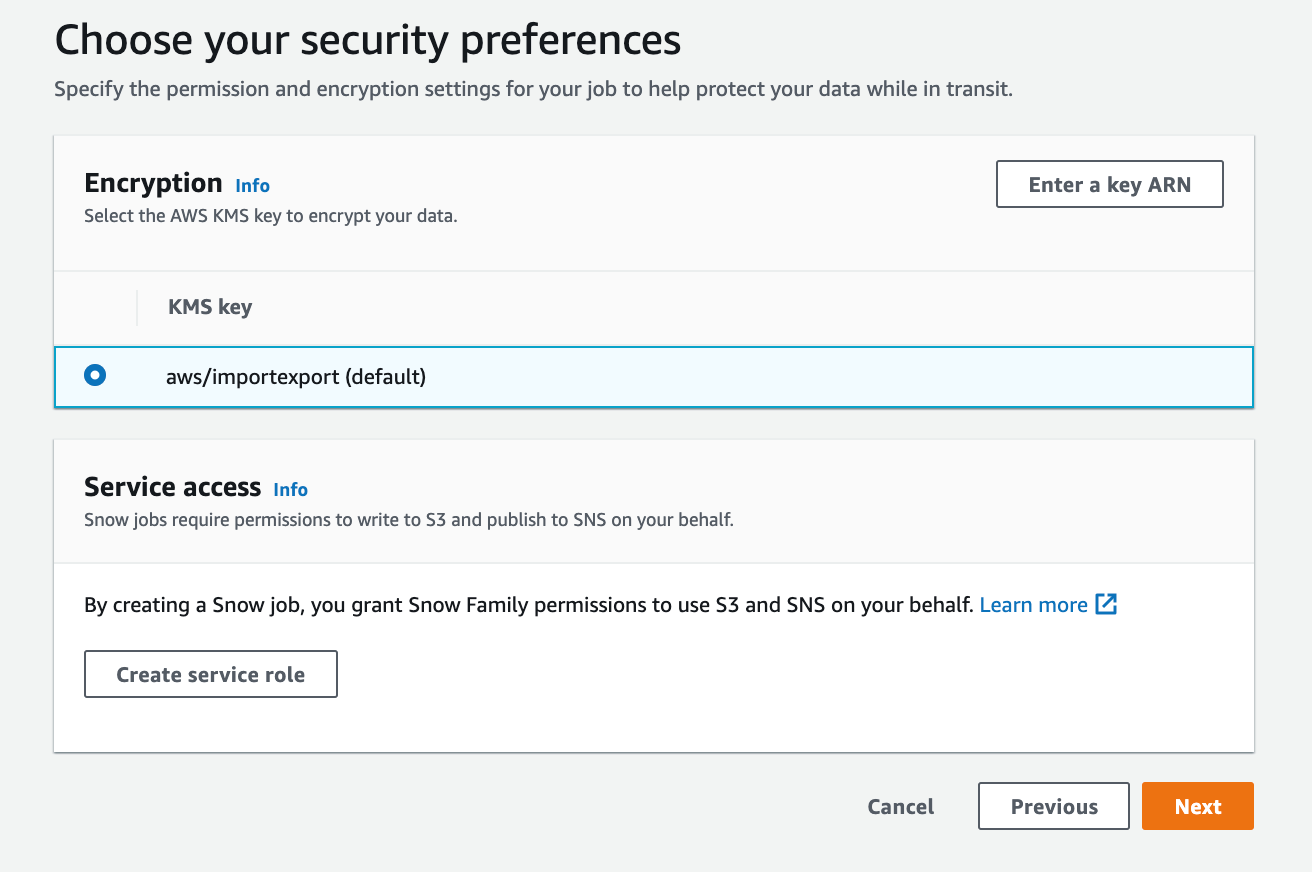 I choose the default AWS KMS key to encrypt my data and specify permissions using an IAM role by clicking Create service role