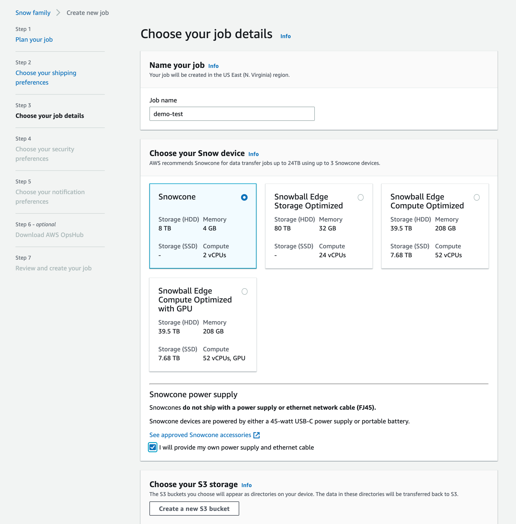 I give my job a name (demo-test) and pick Snowcone from the list of AWS Snow Family devices.