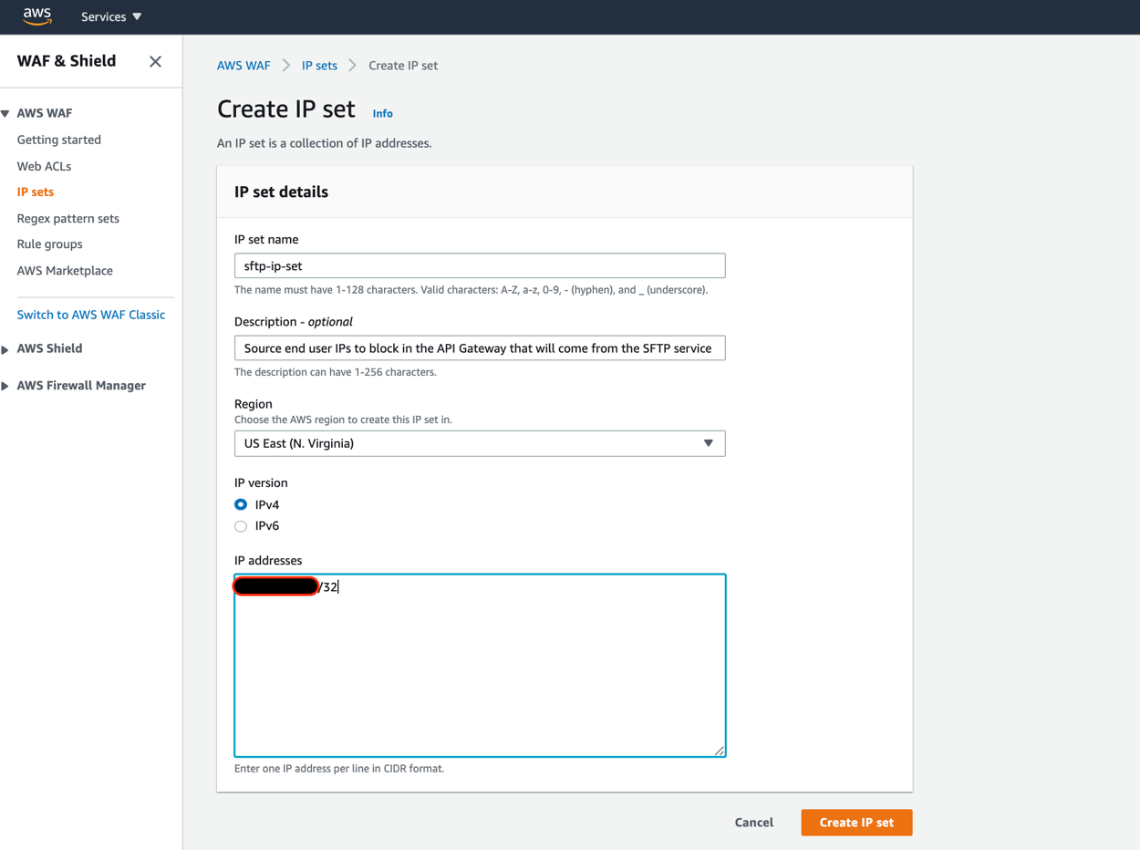 Navigate to the AWS WAF and Shield console to create a new IP set