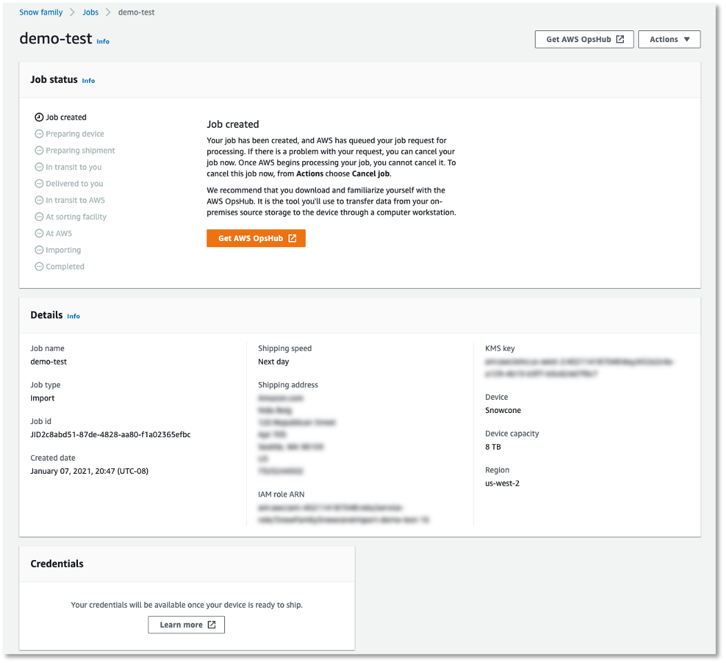 To view more details about an AWS Snow Family job, you can drill in by clicking View details or clicking on the job name directly
