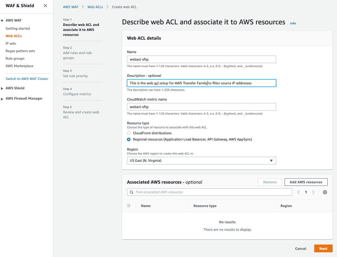 create a web access control list (ACL) by selecting the Web ACLs from the left navigation menu.