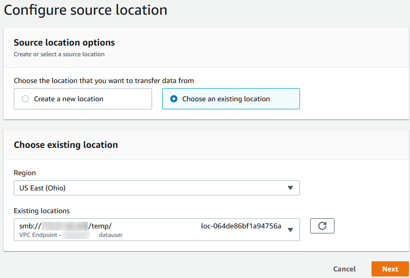 Figure 5 - Choose the source location in the task
