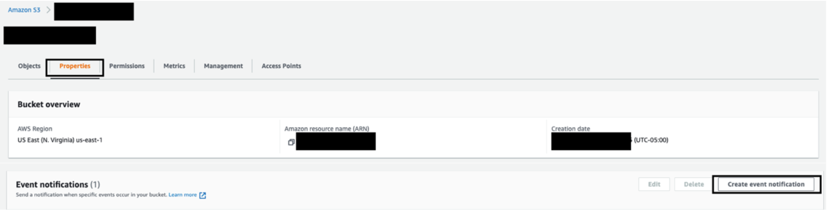 Clicking create event notification in the properties tab of an Amazon S3 bucket