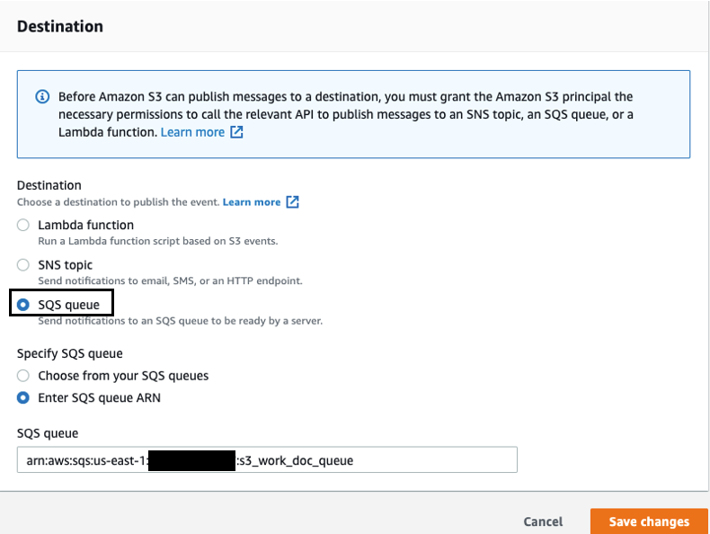Configure the Destination as an Amazon SQS queue ('s3_work_doc_queue'), then choose Save changes.