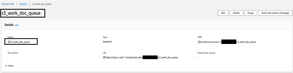 Create an Amazon SQS queue with name 's3_work_doc_queue' and set the visibility time as 900 seconds