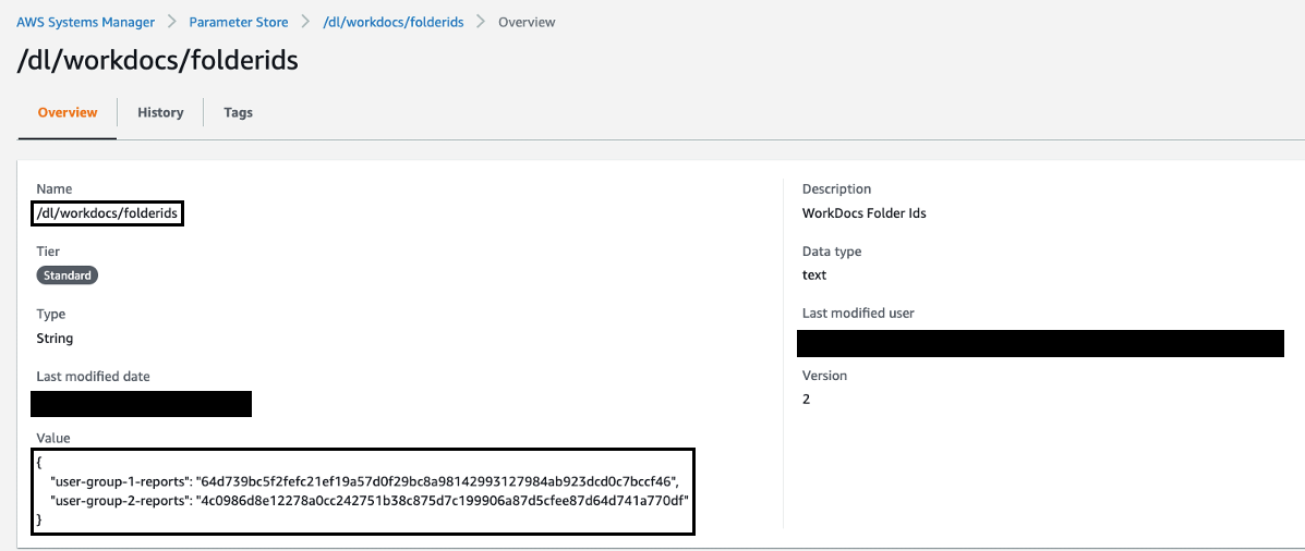 Entering the name of the Paramater Store and providing a value (JSON) to create a JSON object