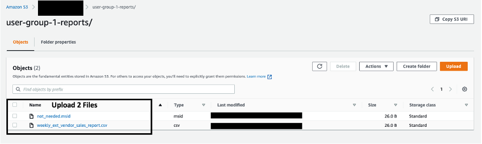 For testing, upload two sample files 'weekly_ext_vendor_sales_report.csv' and 'not_needed.msid' into the folder 'user-group-1-reports' on S3