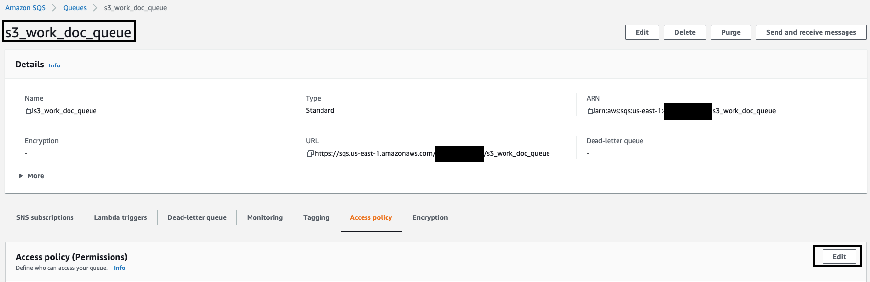 Navigate to the Access Policy tab, and click Edit to update the Amazon SQS queue access policy.