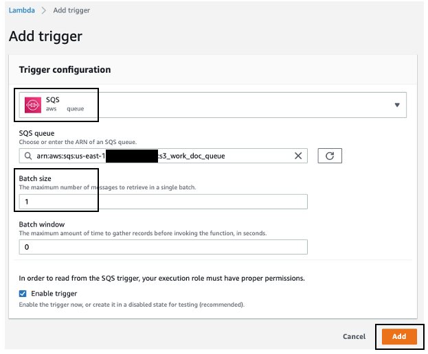 Set the Amazon SQS batch size of the trigger to 1.
